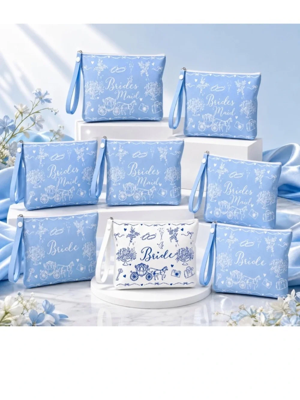 Bridesmaids Cosmetic Pouches- Blue and White with Handle